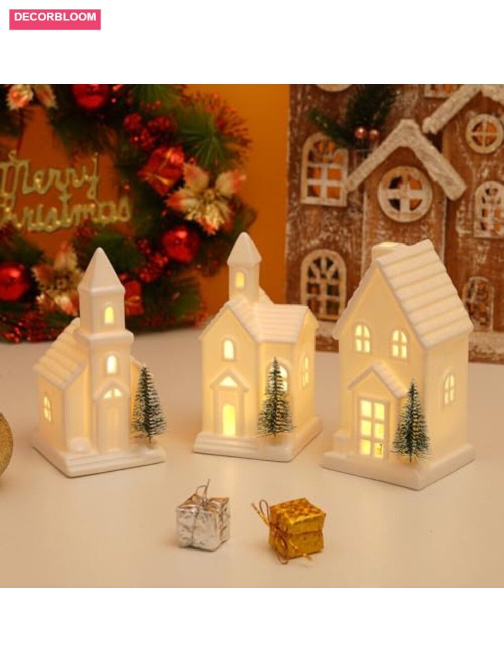 Ceramic Christmas Village House Set with 3 Trees, LED Timer, Tabletop Decor